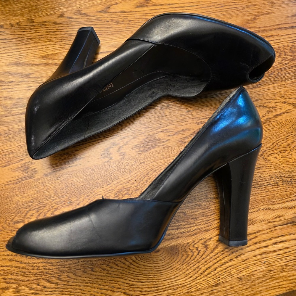 Vintage Enzo Angiolini Black Leather Peep Toe Block 3" Heel Pumps Size 7.5 N
